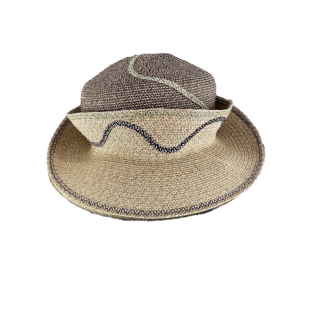Diane Harty Millinery Straw Sun Hat Sage Green Tan Wavy Trim Wide Brim Handmade